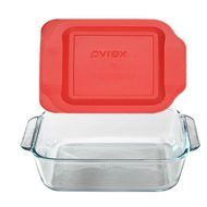 &#8203;Pyrex 8&quot; Square Baking Dish with Blue Plastic Lid, Brownies Pan - Includes Bamboo Hot Pad by Andalus N7