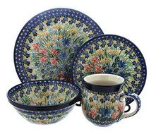 Polish Pottery Day Lily Bouquet 4-Piece Dinner Set