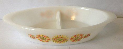 Oval Divided Milk Glass Casserole Baking Dish Handles Yellow and Red Flower Design