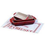 Le Creuset 3 Piece Cherry Stoneware Rectangular Casserole Dish Set with Free Bonus Cuisine Towel