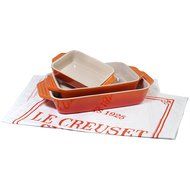 Le Creuset 3 Piece Cherry Stoneware Rectangular Casserole Dish Set with Free Bonus Cuisine Towel N2