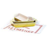 Le Creuset 3 Piece Cherry Stoneware Rectangular Casserole Dish Set with Free Bonus Cuisine Towel N5