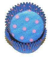 CLEARANCE FREE STANDARD SHIPPING - 24 Polka Dot Baking Cups Cupcake Liners - Powder Blue with Pink Dots - for...