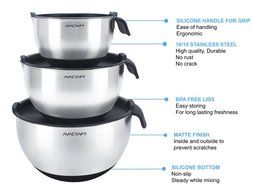 AVACRAFT High Quality 18/10 Non-Slip Silicone bottom Stainless Steel Mixing Bowl Set with Lids, Soft Silicone... N2