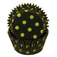 CLEARANCE FREE STANDARD SHIPPING - 24 Polka Dot Baking Cups Cupcake Liners - Black with Lime Green Dots - for...