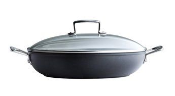 Le Creuset Forged Hard-Anodized 12-Inch Nonstick Shallow Casserole/Braiser with Glass Lid N2
