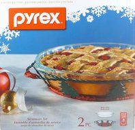 Pyrex 9.5&quot; Pie Plate Limited Edition 2 pc Christmas Serveware Set - pie dish &amp; metal &amp; wicker server evergreen...