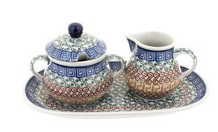 Polish Pottery Athena Small Cream &amp; Sugar Set with Tray