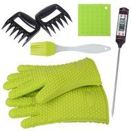 Foreasy New 5 Kinds BBQ Tool Sets,1 Pair Silicone Oven Mitts,1 Pair Meat Claws,1 BBQ Grill Thermometer,1 Pot Holder... N17