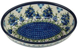 Ceramika Boleslawiecka Kalich Polish Hand Painted Oval Baking Dish - 9.75&quot; x 6.75&quot; x 2.75&quot; (Blueberries)