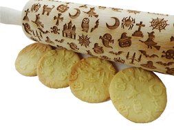 Bopstyle Wooden Laser Engraved Rolling Pin with Halloween Pattern for Embossed Cookies (15&quot; x 1.96&ldquo;, Style-1)