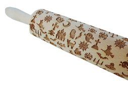 Bopstyle Wooden Laser Engraved Rolling Pin with Halloween Pattern for Embossed Cookies (15&quot; x 1.96&ldquo;, Style-1) N4