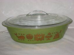 Vintage Glasbake Green &amp; Gold Pattern Oval 2 Quart Casserole Baking Dish w/Lid