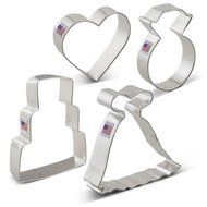 Wedding Cookie Cutter Set - 4 Piece - Wedding Dress, Wedding Cake, Diamond Ring and Heart - Ann Clark - US Tin...