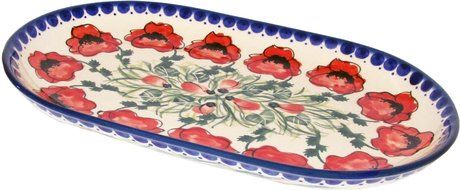 Boleslawiec Stoneware - Polish Pottery 9 1/4&quot; Oval Serving Platter - Eva&#039;s Collection &quot;Poppy Field&quot; N2