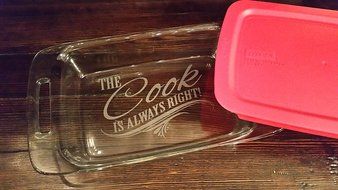 Engraved Glass Baking Dish with Lid 9x13, 7x11, or 8x8 sizes- 2001- Cooking Is Love Made Visible N2