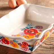 The Pioneer Woman Flea Market 2-Piece Decorated Rectangular Ruffle Top Ceramic Bakeware Set, turquoise &amp; floral... N4