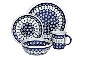 Polish Pottery Peacock 16 Piece Dinner Set