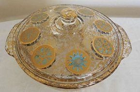 Vintage Georges Briard Gold/Turquiose Medallion FIRE-KING Glass Casserole Dish+Lid - 2 Quart