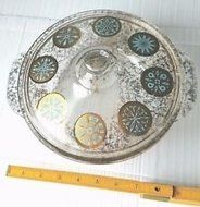 Vintage Georges Briard Gold/Turquiose Medallion FIRE-KING Glass Casserole Dish+Lid - 2 Quart N2