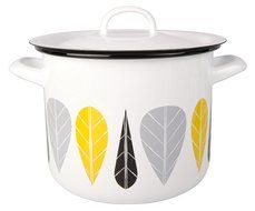 Muurla Leaves Series Enamel Casserole With Lid, 3-1/2-Quarts, White, Yellow, Black and Grey