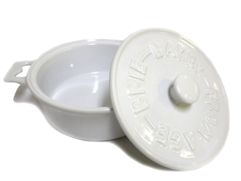 7" Round Stoneware Brie Baker with Wood Spreader (White)