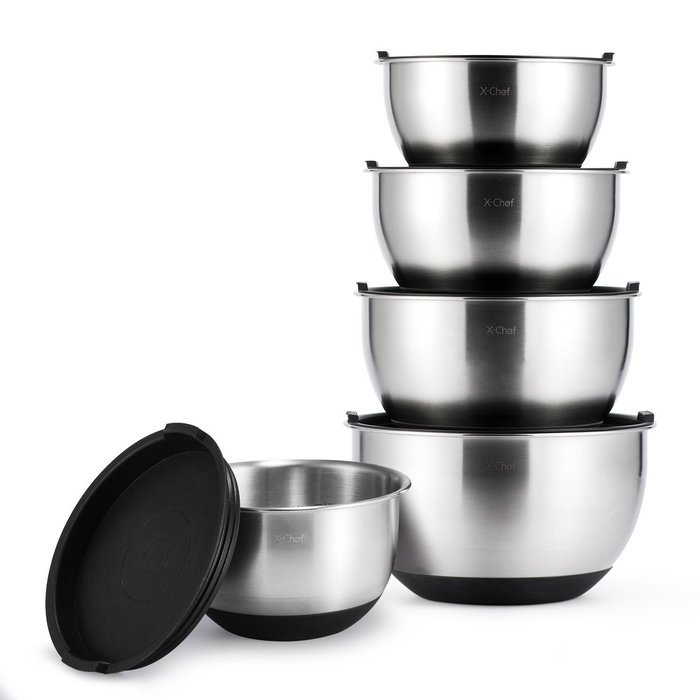 ch&eacute;ri d'amour Top Rated Premium Stainless Steel Non-Slip Mixing Bowls with Lids, 5-Piece Set Includes 1.5 Qt.,...