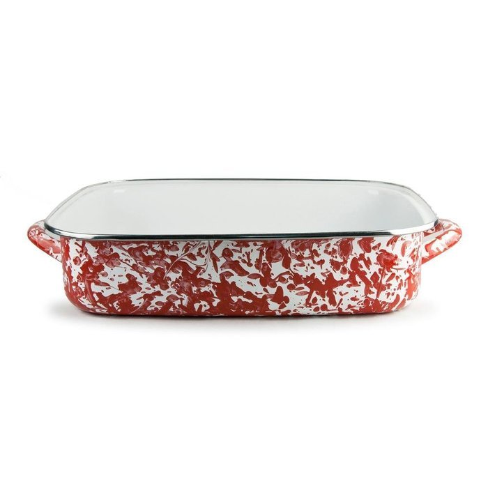 Golden Rabbit Enamelware Red Swirl Lasagna Pan with Swirl Glass Lid 10-1/2 Qt