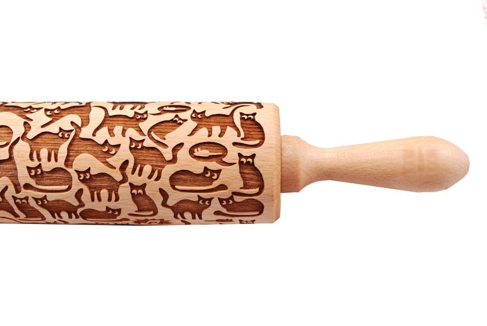 Cats Pattern Embossing Rolling Pin,Wooden Laser Engraved Rolling Pin With Cats For Embossed Cookies (10" x 2",... N2