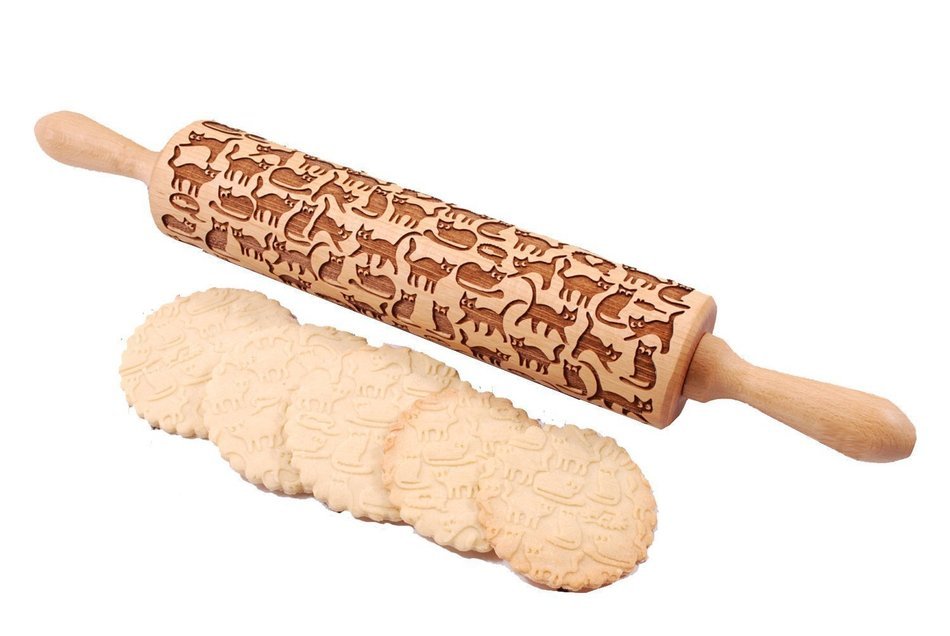 Cats Pattern Embossing Rolling Pin,Wooden Laser Engraved Rolling Pin With Cats For Embossed Cookies (10" x 2",... N7