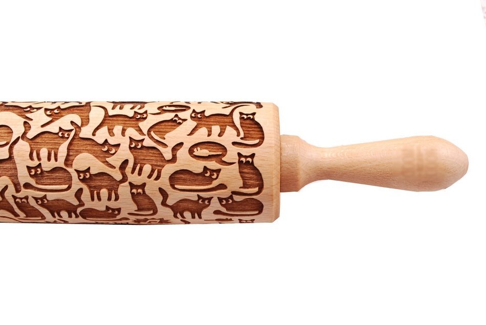 Cats Pattern Embossing Rolling Pin,Wooden Laser Engraved Rolling Pin With Cats For Embossed Cookies (10" x 2",... N8