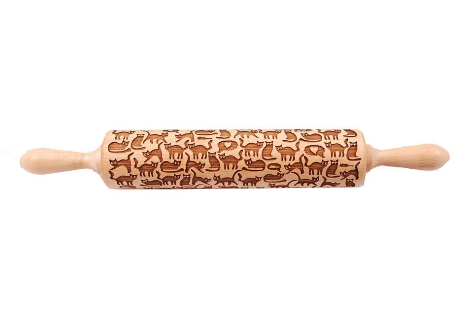 Cats Pattern Embossing Rolling Pin,Wooden Laser Engraved Rolling Pin With Cats For Embossed Cookies (10" x 2",... N9
