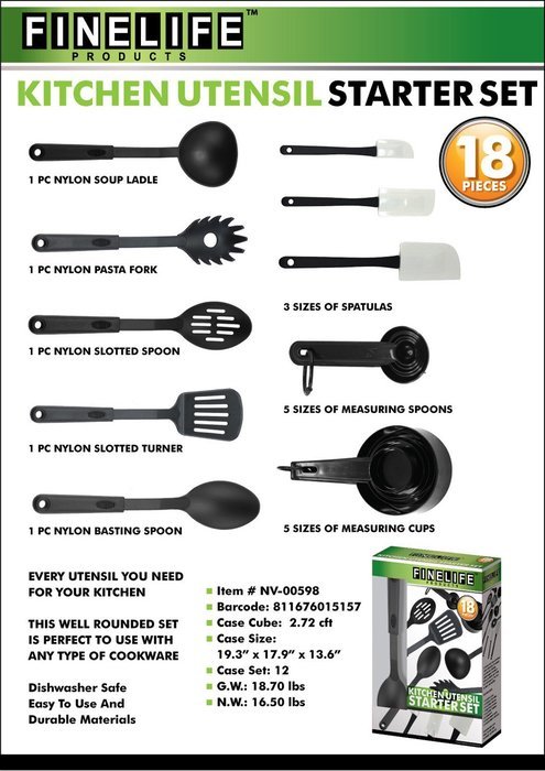 19 Piece Plastic & Silicone Cooking Utensil Starter Kitchen Inexpensive Kitchen Gadget Gift Set Chef Dad Him Wife...