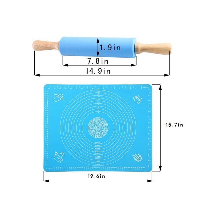 JamHoo Nonstick Rolling Pin & Silicone Large Pastry Mat With Measurements - 15.7"x19.7" Non-Slip Sheet For Rolling... N6
