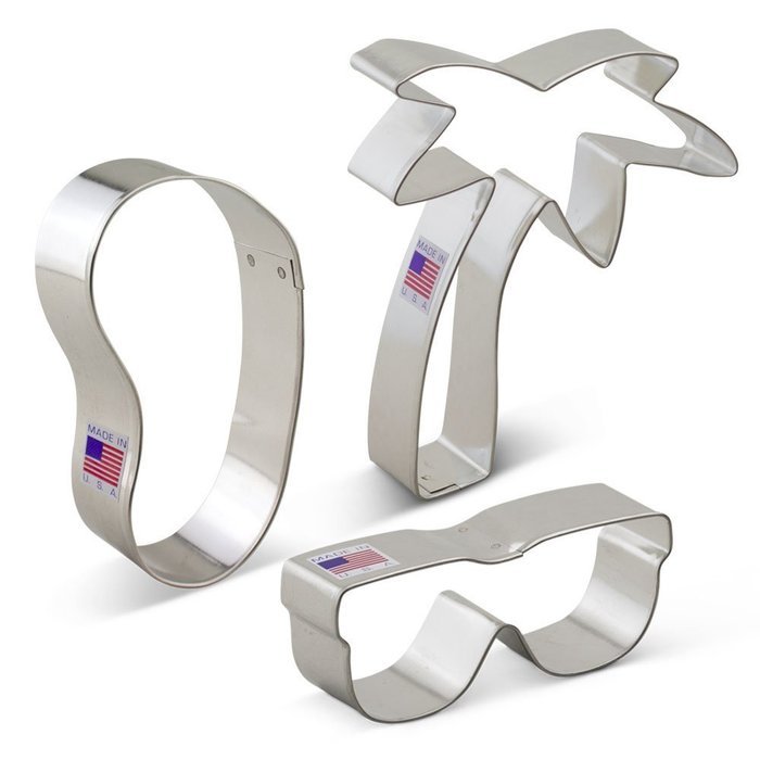 Beach Themed Cookie Cutter Set - 3 Piece - Flip Flop, Sunglasses, and Palm Tree &ndash; Ann Clark &ndash; US Tin Plated Steel