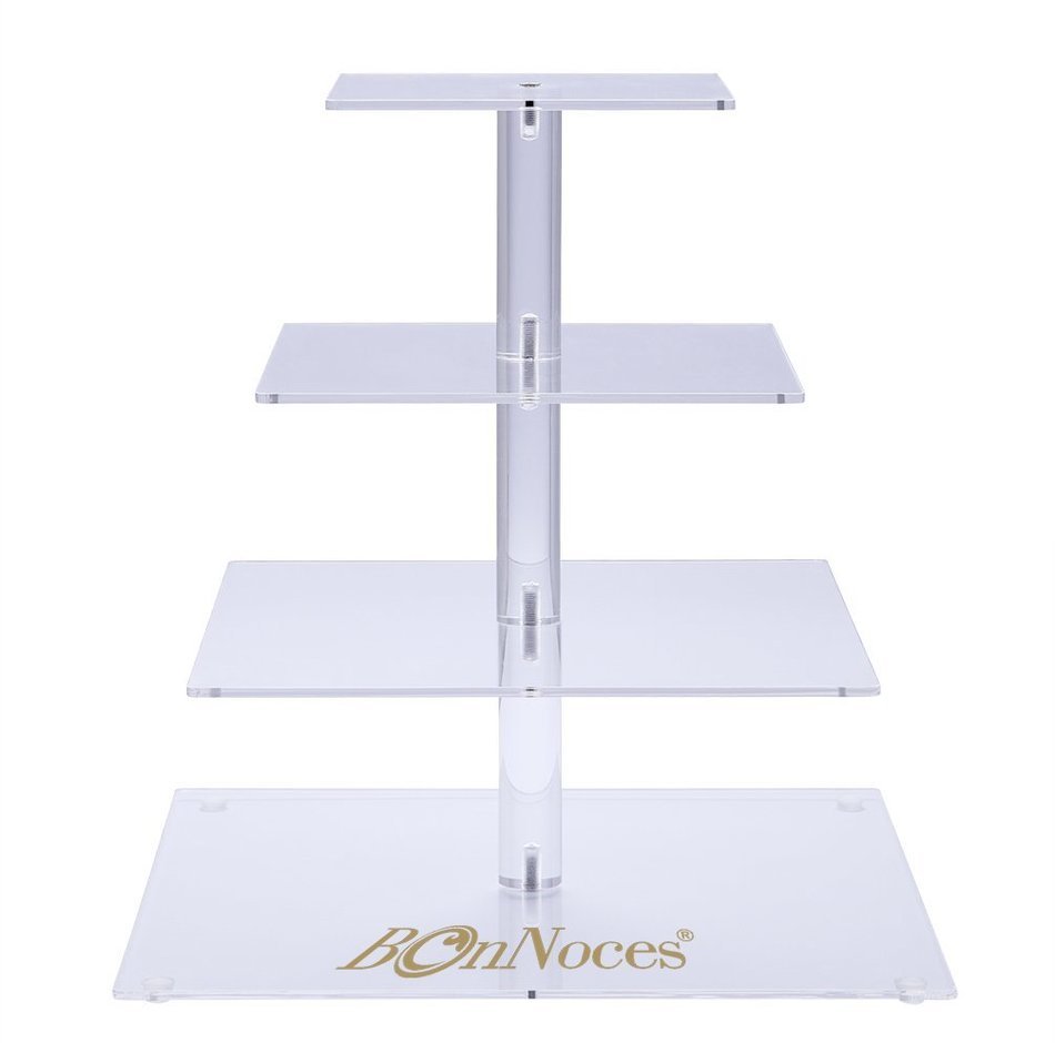 BonNoces Premium Four 4-Tier Crystal Clear Acrylic Glass Square Wedding Cake Stand Cupcake Tree for Wedding Cupcakes...