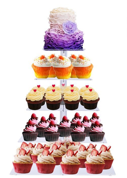 BonNoces Premium Four 4-Tier Crystal Clear Acrylic Glass Square Wedding Cake Stand Cupcake Tree for Wedding Cupcakes... N7