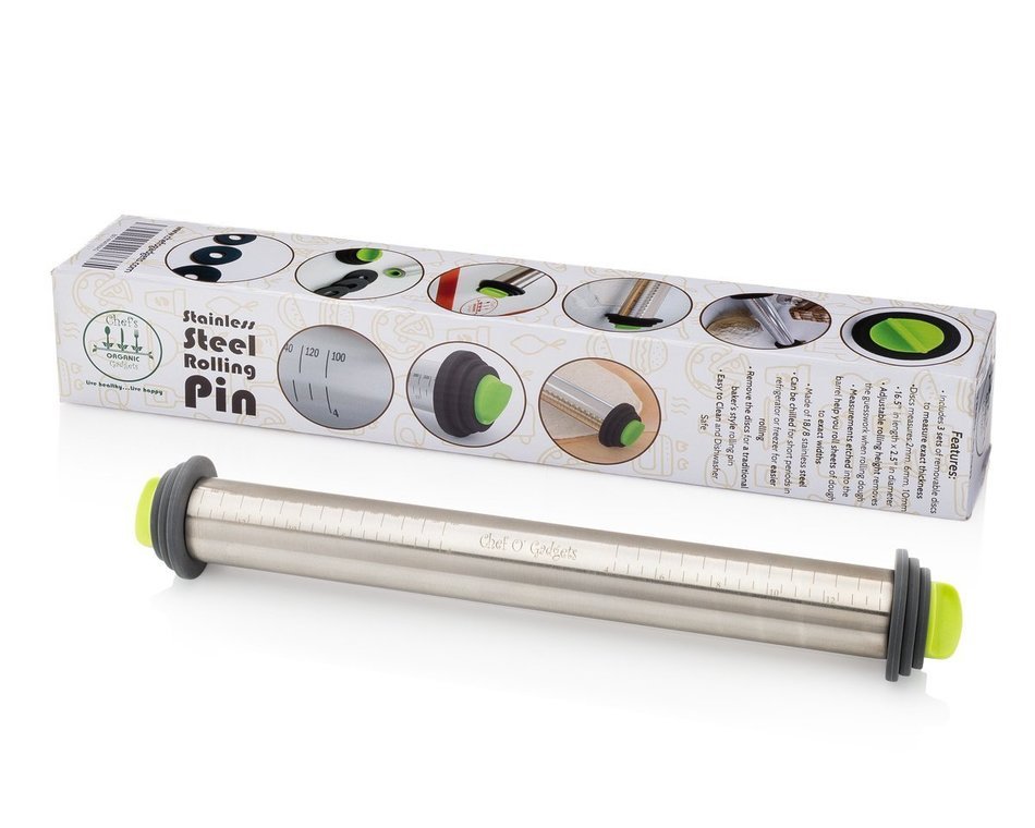Chef O' Gadgets Stainless Steel Rolling Pin w/ 3 Adjustable Discs: French Style Baking Rod: Freezer Safe Non Stick... N3