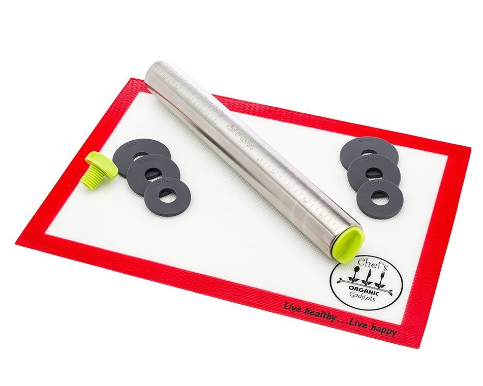 Chef O' Gadgets Stainless Steel Rolling Pin w/ 3 Adjustable Discs: French Style Baking Rod: Freezer Safe Non Stick... N9