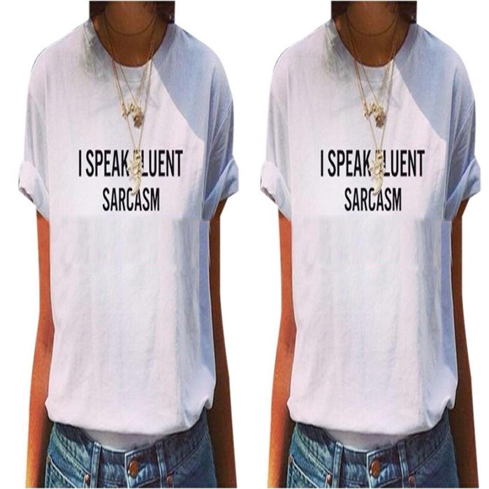 AIMTOPPY I Speak Fluent Sarcasm Women Short Sleeve Blouse Casual Cotton T shirt Blouse (XL, White) N2