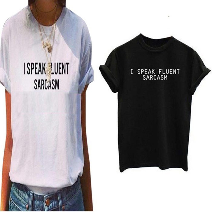 AIMTOPPY I Speak Fluent Sarcasm Women Short Sleeve Blouse Casual Cotton T shirt Blouse (XL, White) N4
