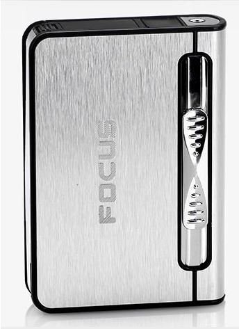 Focus Cigarette Case Dispenser with Butane Jet Torch Lighter (Holds 10) SILVER