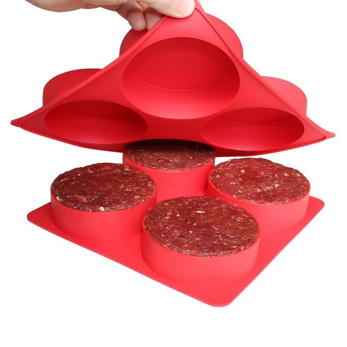 Silicone Burger Master 4 in 1 - Stuffed Burger Press Patty Maker Non-stick Freezer Storage Container, Circular...