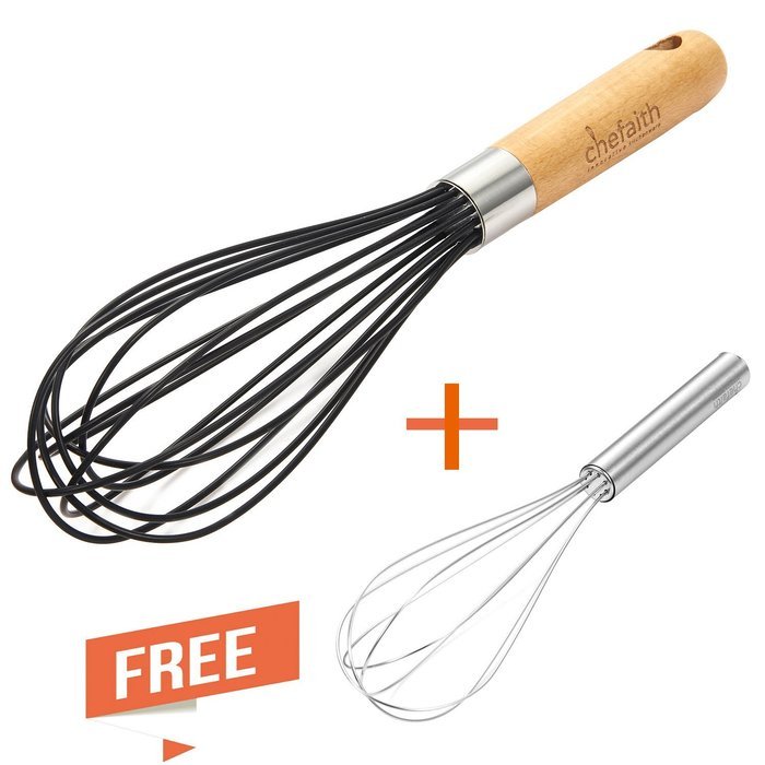 Chefaith 12" Food-Grade Silicone Wired Balloon Whisk [Wooden Handle for Nice Grip] + 3" Mini Whisk as Bonus -...