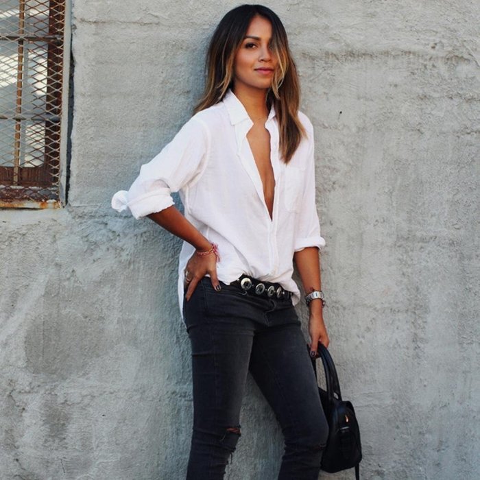 AIMTOPPY Women Sexy Blouse Long Sleeve Shirt Loose Pocket Shirts V Neck Tops (M, White) N5