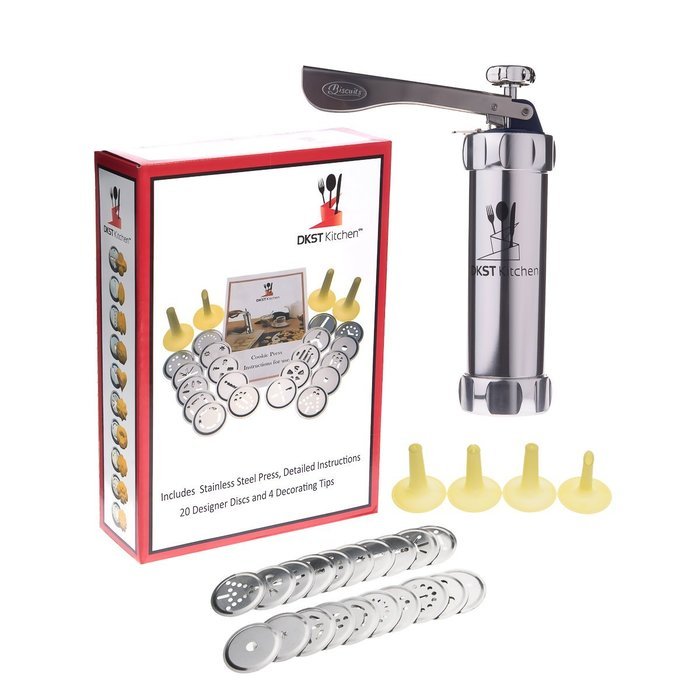 Cookie Press Kit &ndash; Stainless Steel Biscuit Press Set Includes 20 Discs & 4 Icing Tips. DKST Kitchen&rsquo;s Best Christmas... N2