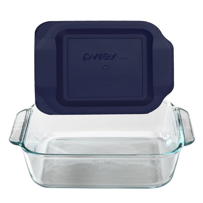 ​Pyrex 8" Square Baking Dish with Blue Plastic Lid, Brownies Pan - Includes Bamboo Hot Pad by Andalus N4