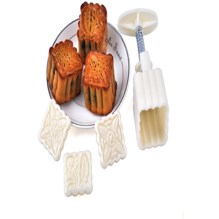 4 Sets Party Moon Cake Mold - 12 PCS - Mid Autumn Festival DIY Decoration Press - 50g/100g - White N3
