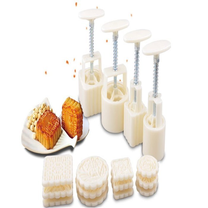 4 Sets Party Moon Cake Mold - 12 PCS - Mid Autumn Festival DIY Decoration Press - 50g/100g - White N4