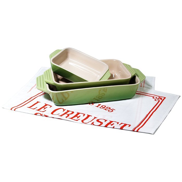 Le Creuset 3 Piece Cherry Stoneware Rectangular Casserole Dish Set with Free Bonus Cuisine Towel N3